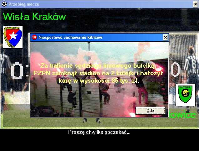 Liga Polska Manager '97 (Windows) screenshot: Penalty for unsportsmanlike supporters conduct