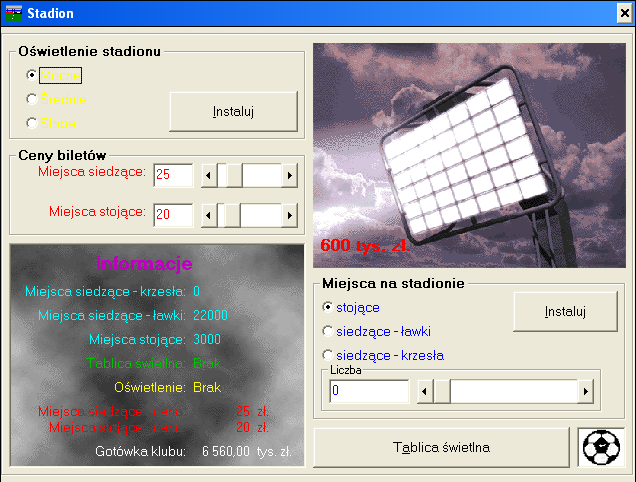 Liga Polska Manager '97 (Windows) screenshot: Stadium lighting