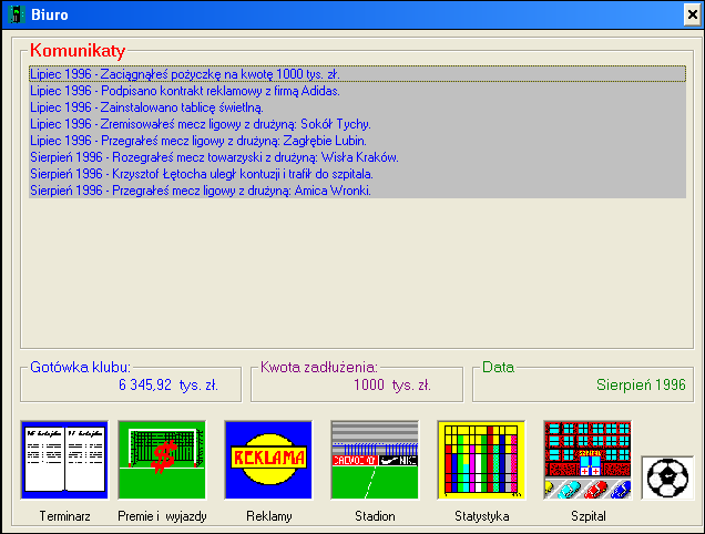 Liga Polska Manager '97 (Windows) screenshot: Office menu - messages