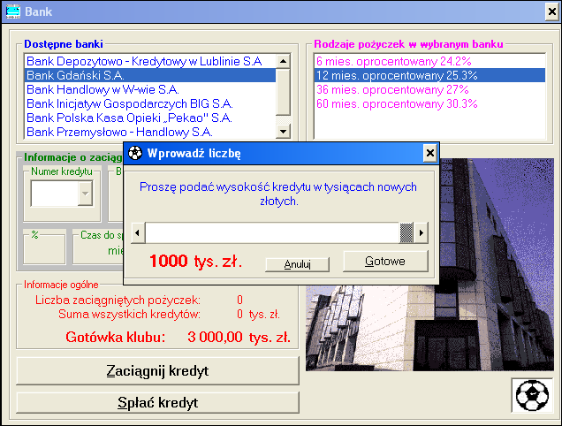 Liga Polska Manager '97 (Windows) screenshot: Bank loan