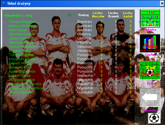 Liga Polska Manager '97 (Windows) screenshot: Team squad