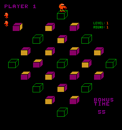 Q*bert's Qubes (Arcade) screenshot: Jump from cube to cube.