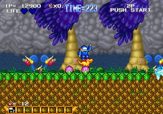 Blue's Journey (Arcade) screenshot: Driving on enemies head