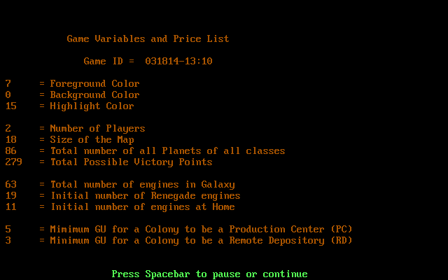 Imperial Space Command (DOS) screenshot: Report: current game variables