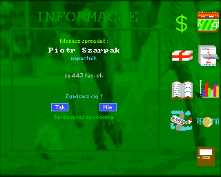 Liga Polska Manager '95 (Amiga) screenshot: Information menu + player selling