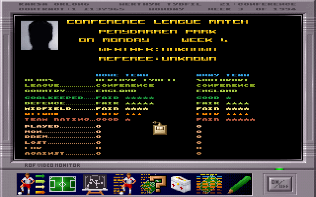 Premier Manager 3 (DOS) screenshot: Next match overview