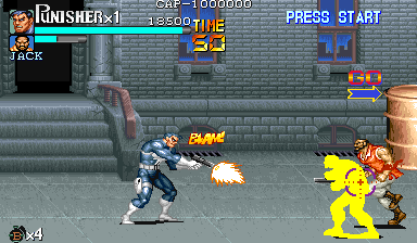 The Punisher (Arcade) screenshot: Guns are more common in this game than in most beat'em ups.