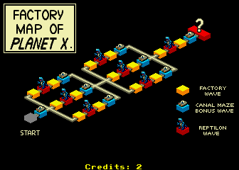 Escape from the Planet of the Robot Monsters (Arcade) screenshot: Factory map of Planet X.