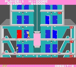 Elevator Action (Arcade) screenshot: Go through the red door.