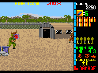 Operation Wolf (Arcade) screenshot: Enemy runs with weapon