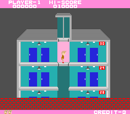 Elevator Action (Arcade) screenshot: Riding the elevator.