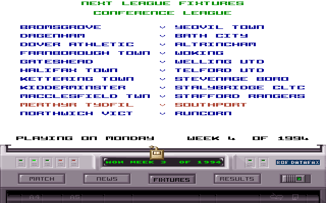 Premier Manager 3 (DOS) screenshot: Round schedule