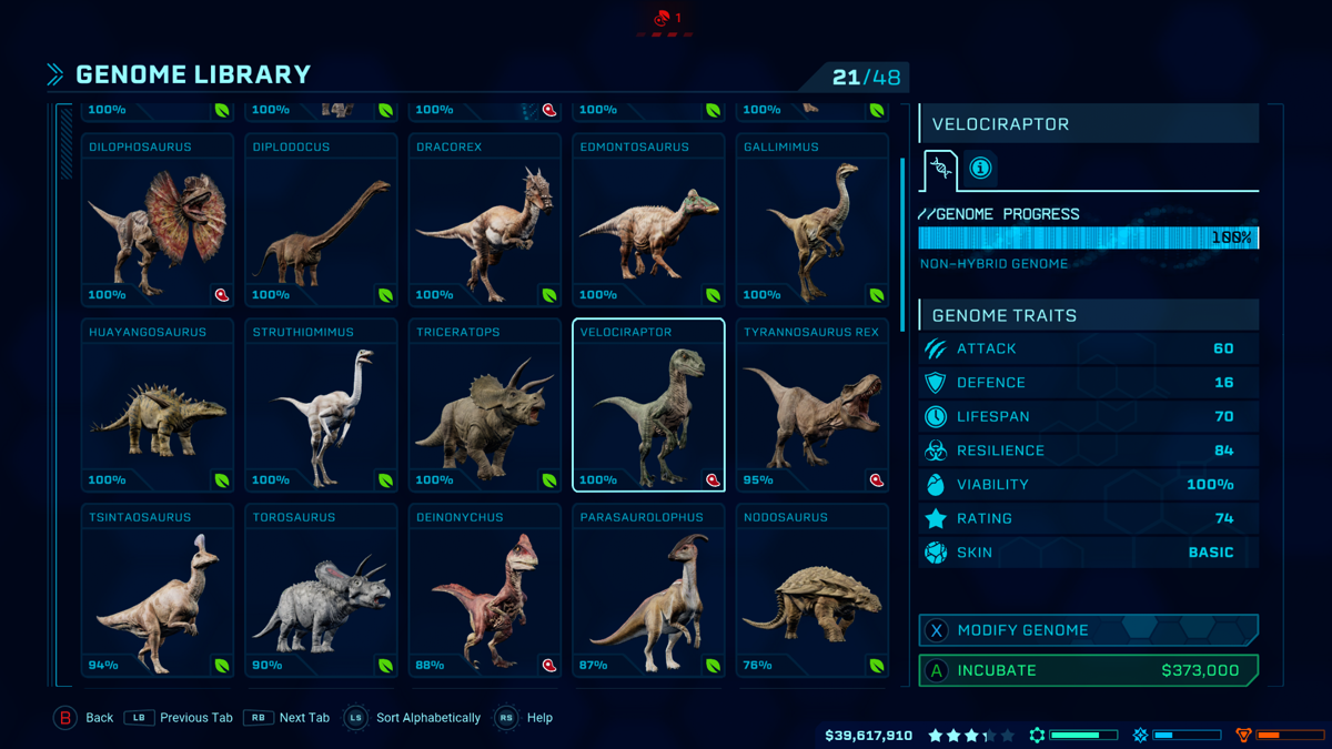 Jurassic World: Evolution (Xbox One) screenshot: After extracting DNA you can breed them in a lab. You need at least 50% genome but the process can fail on every number beneath 100%