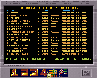 Premier Manager 3 (Amiga) screenshot: Arrange friendly matches