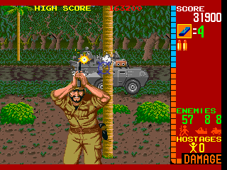 Operation Wolf (Arcade) screenshot: Soldier, vehicle and boat against one player