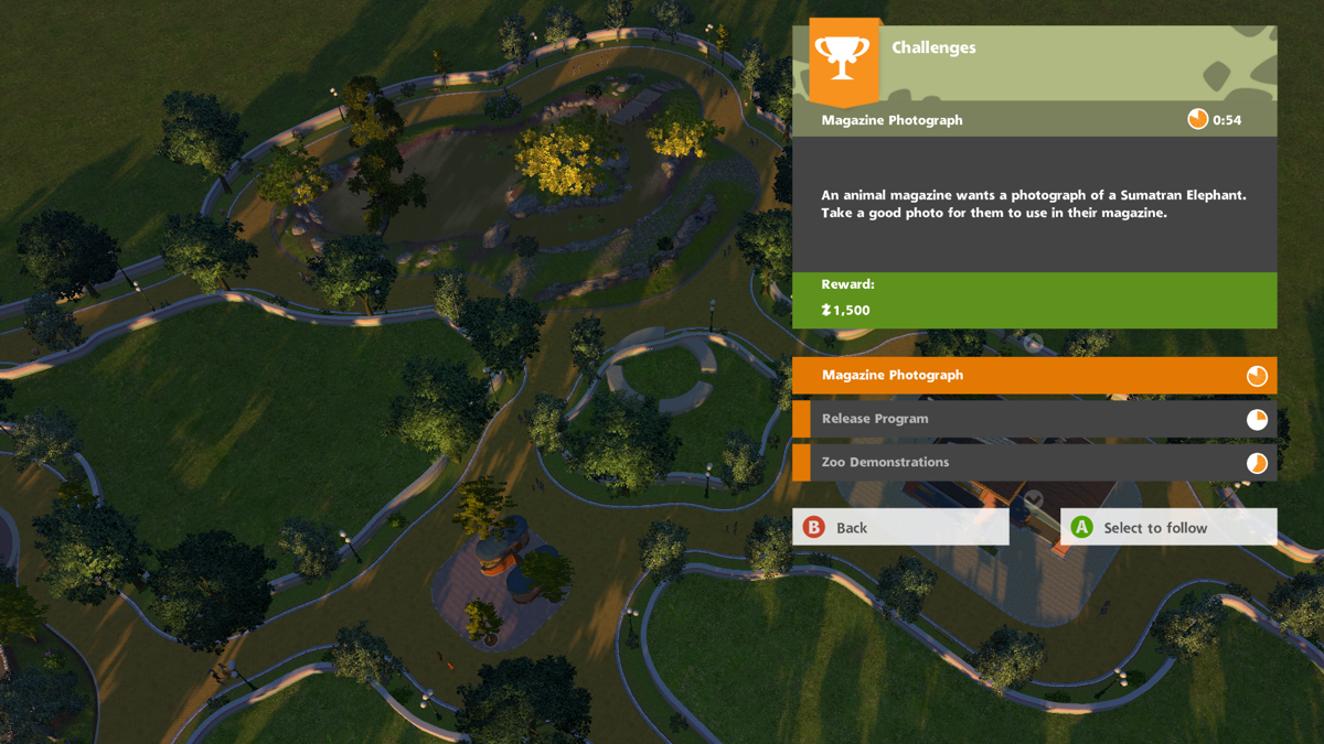 Zoo Tycoon (Xbox One) screenshot: This was a challenge zoo, with players having to complete challenges to unlock new items and gain money