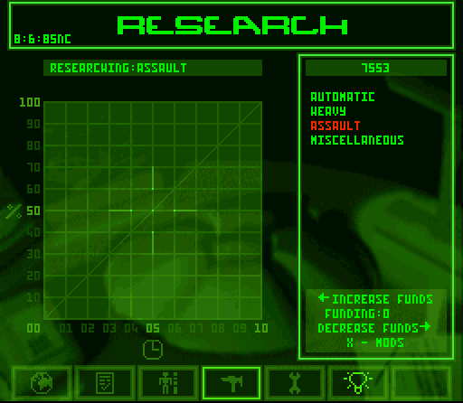 Syndicate (SNES) screenshot: Spending research dollars to improve team