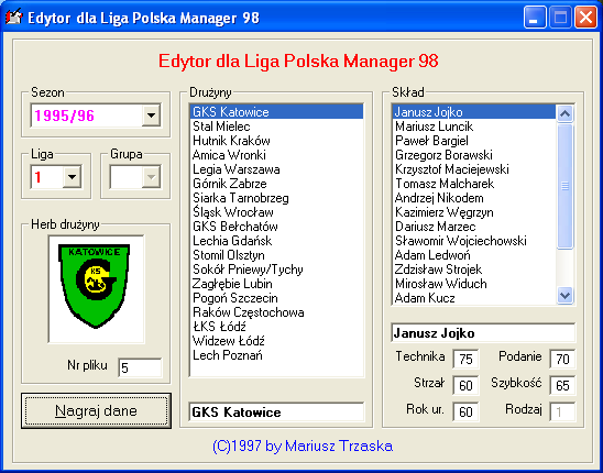 Liga Polska Manager '98 (Windows) screenshot: Game editor