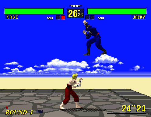 Virtua Fighter (Arcade) screenshot: Flying through the air.