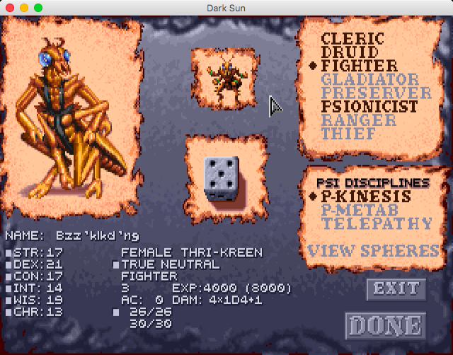 Dungeons & Dragons: Dark Sun Series (Macintosh) screenshot: Shattered Lands - Character select screen, female thri-kreen