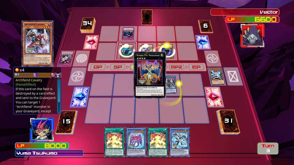 Yu-Gi-Oh!: Legacy of the Duelist (PlayStation 4) screenshot: Vector has added his monsters together and XYZ summoned Number 104!