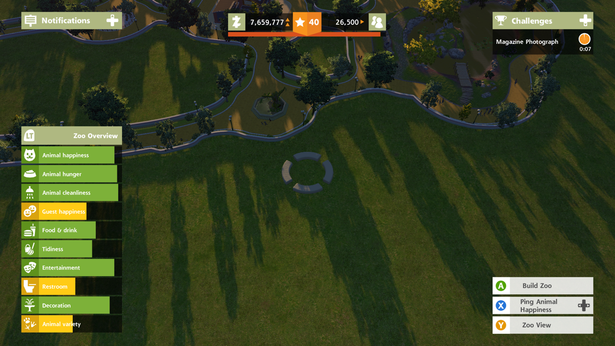 Zoo Tycoon (Xbox One) screenshot: The Zoo Overview quickly tells the player how the quests think about the zoo, seems I don't have enough restrooms