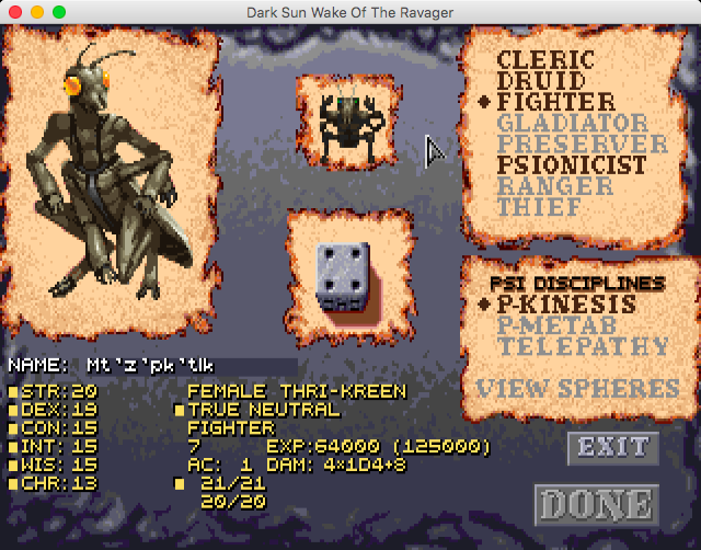 Dungeons & Dragons: Dark Sun Series (Macintosh) screenshot: Wake of the Ravager - Character select screen, female thri-kreen