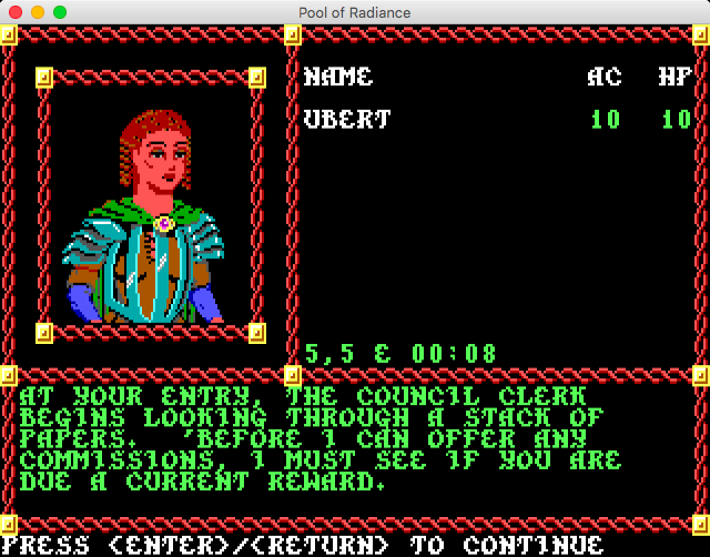 Pool of Radiance (Macintosh) screenshot: Talking to the council clerk (GOG version)
