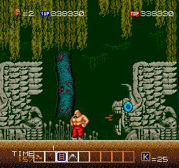 Karnov (Arcade) screenshot: Stage 7: Forest Region (mid-stage)