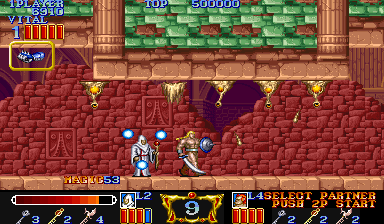 Magic Sword (Arcade) screenshot: Watch out - enemies on ceiling