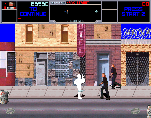 NARC (Arcade) screenshot: Syringe in leg