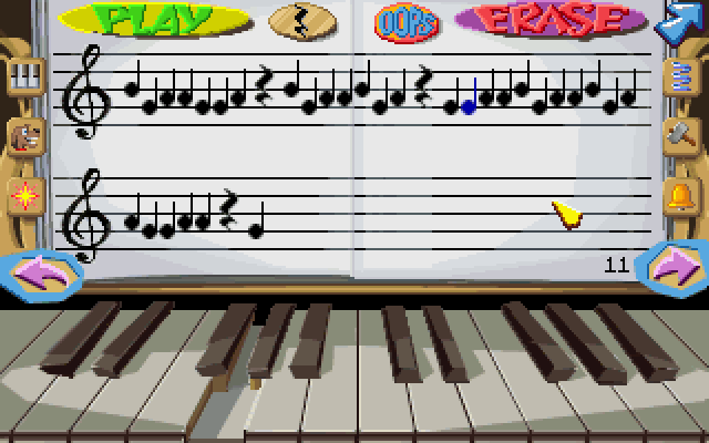 Fatty Bear's Birthday Surprise (DOS) screenshot: This three-note melody is supposedly called "Boar" - I don't know why, but I thought I'd share its silly charm.