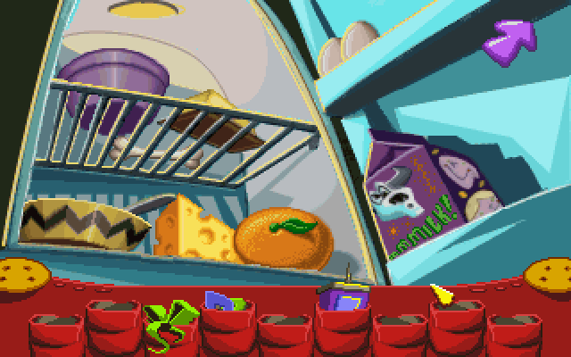 Fatty Bear's Birthday Surprise (DOS) screenshot: The refrigerator with some ingredients for the cake and other useful objects