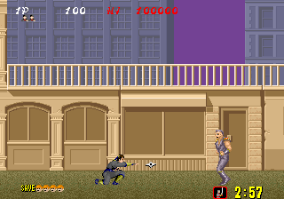 Shinobi (Arcade) screenshot: Throw shuriken to kill enemies