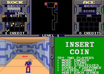 Xybots (Arcade) screenshot: Bonus room on the left.