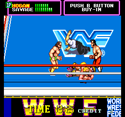 WWF SuperStars (Arcade) screenshot: Pin your opponent. Team-Mates will attempt to stop it.