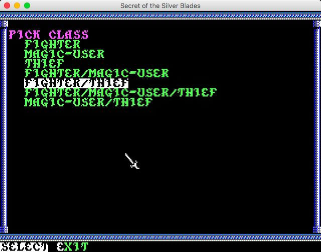 Secret of the Silver Blades (Macintosh) screenshot: Selecting a character class (GOG version)