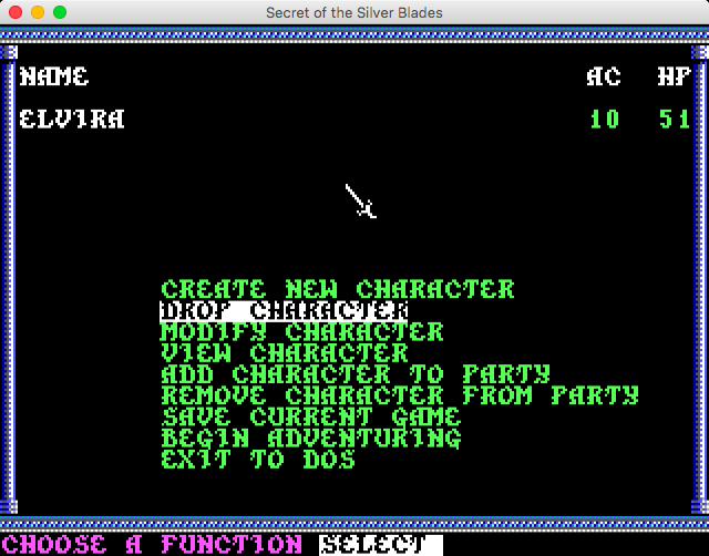 Secret of the Silver Blades (Macintosh) screenshot: Main menu (GOG version)