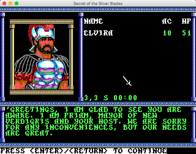 Secret of the Silver Blades (Macintosh) screenshot: Talking to Priam, the mayor of New Verdigris (GOG version)
