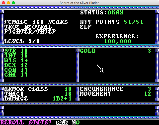 Secret of the Silver Blades (Macintosh) screenshot: Newly created character's stats screen (GOG version)