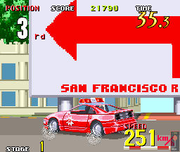 Cisco Heat: All American Police Car Race (Arcade) screenshot: Taking the sharp bend.