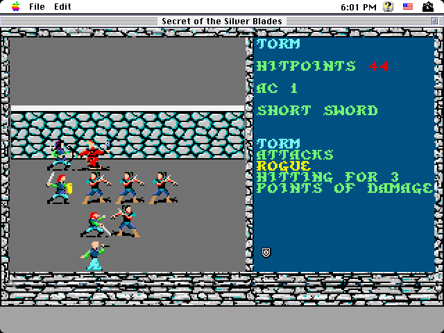 Secret of the Silver Blades (Macintosh) screenshot: Battle - hitting a Rogue for minor damage (color)