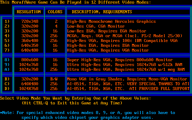 Moraff's Tempt-Tris (DOS) screenshot: Can you handle the Mighty Moraffware List of Video Modes?