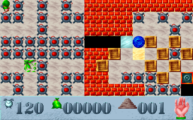 Saper (DOS) screenshot: Level 1 - Ice will slip saper on the next field, blue mine means instant death, plant expands to the empty field, bombs blow out few seconds after activation