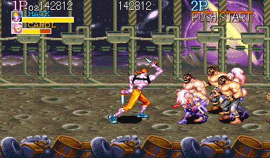 Captain Commando (Arcade) screenshot: At the beginning of the next level, with Mack about to slice a wave of opponents
