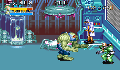 Captain Commando (Arcade) screenshot: Freakish boss, but the player character on the right isn't any less weird