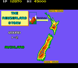 The New Zealand Story (Arcade) screenshot: Map of New Zealand.