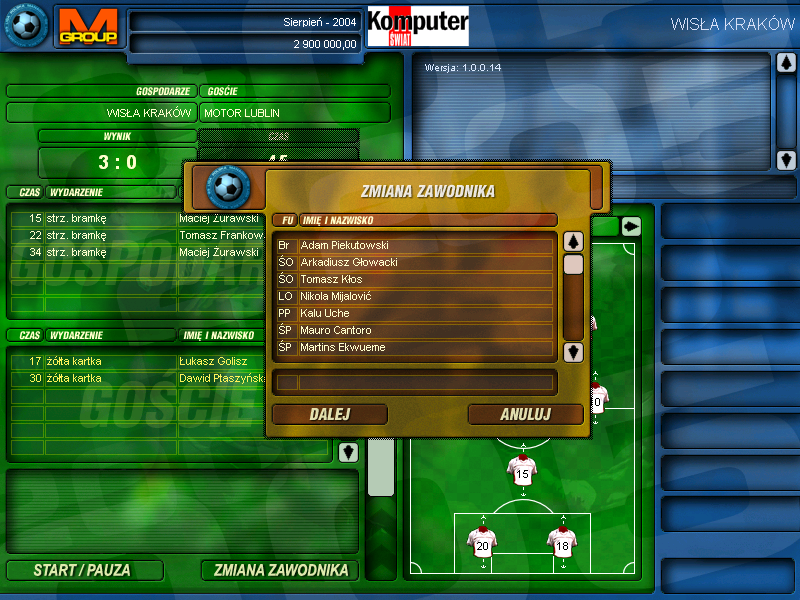 Liga Polska Manager 2005 (Windows) screenshot: Substitution