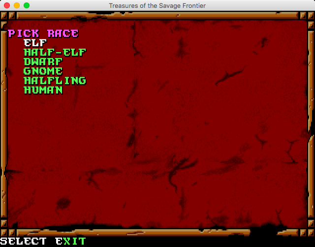 Dungeons & Dragons: Forgotten Realms - The Archives Collection 2 (Macintosh) screenshot: Treasures of the Savage Frontier - Character race select screen