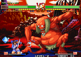 Samurai Shodown V Special (Arcade) screenshot: Big, red guy with bone weapon in arm...